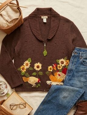 Embroidered Brown Zip-Front Cardigan with Sunflower & Chicken Motif